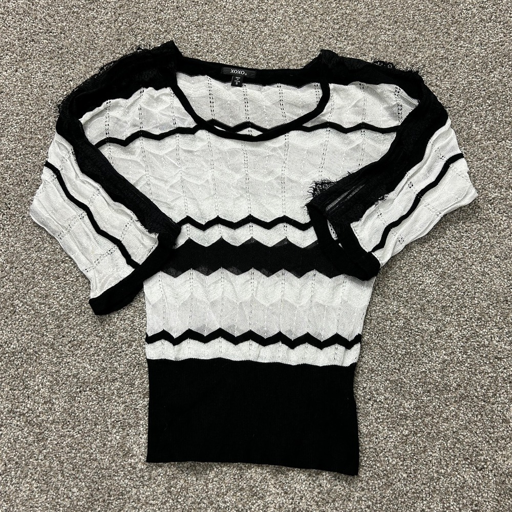 XOXO Sweater Womens S Black White Striped Open-Knit Dolman Short Sleeve Sheer